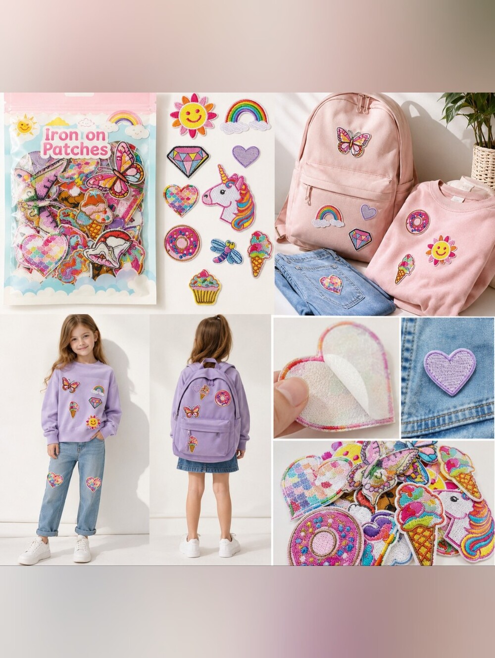 NWT Colorful Iron-On Embroidered Patches Hearts Unicorn Butterfly DIY Appliqués
